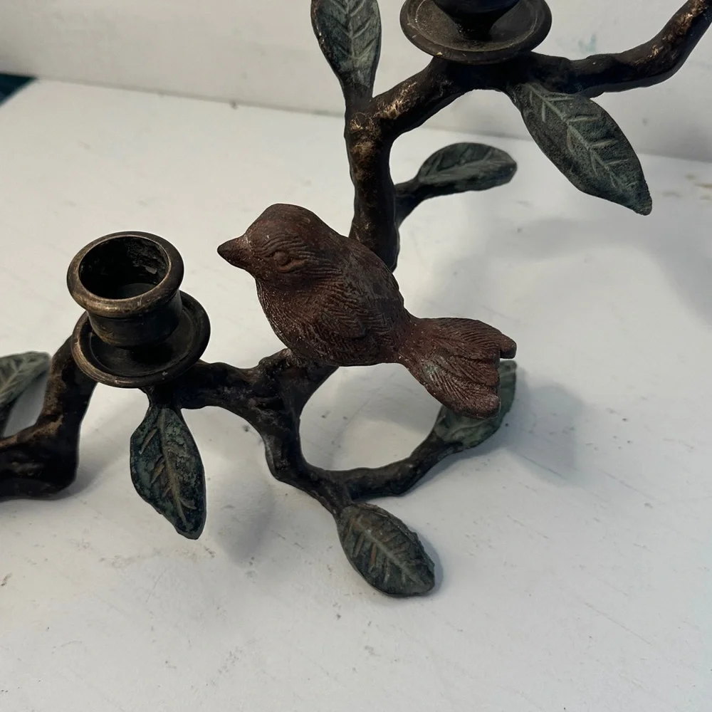 Vintage brass/metal 3 bird brutalist candelabra branch